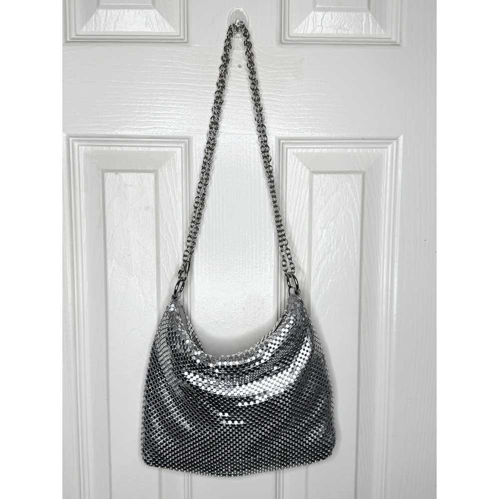 Badgley Mischka Silver Metal Mesh Slouchy Evening Shoulder Bag Crossbody Purse